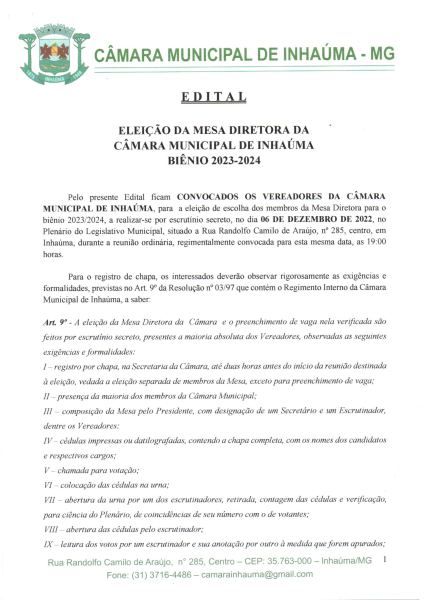 PUBLICADO EDITAL DE CONVOCAÇÃO DE ELEIÇÃO DA MESA DIRETORA PARA