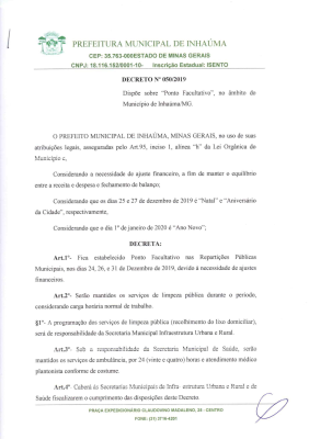 Decreto n° 050/2019 - Dispõe sobre Ponto Facultativo, no âmbito do município de Inhaúma/MG