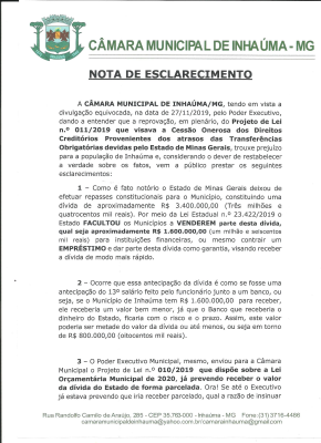 A Câmara Municipal de Inhaúma vem a público prestar esclarecimento