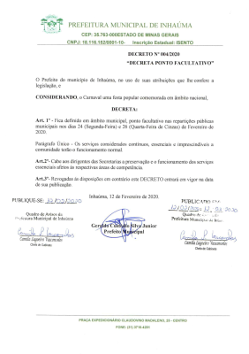 Decreto n° 004/2020 - Ponto Facultativo