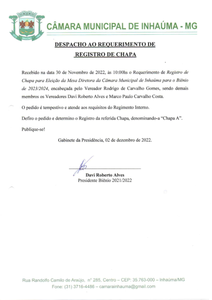 Despacho ao Requerimento de Registro de Chapa